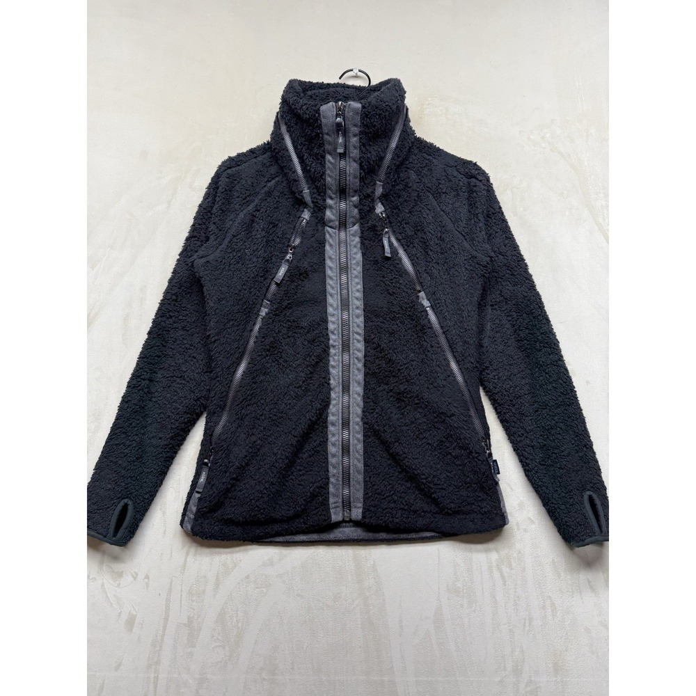 KUHL Flight Jacket Women's S Small Black Sherpa Fleece Stowaway Hood Zip Pockets